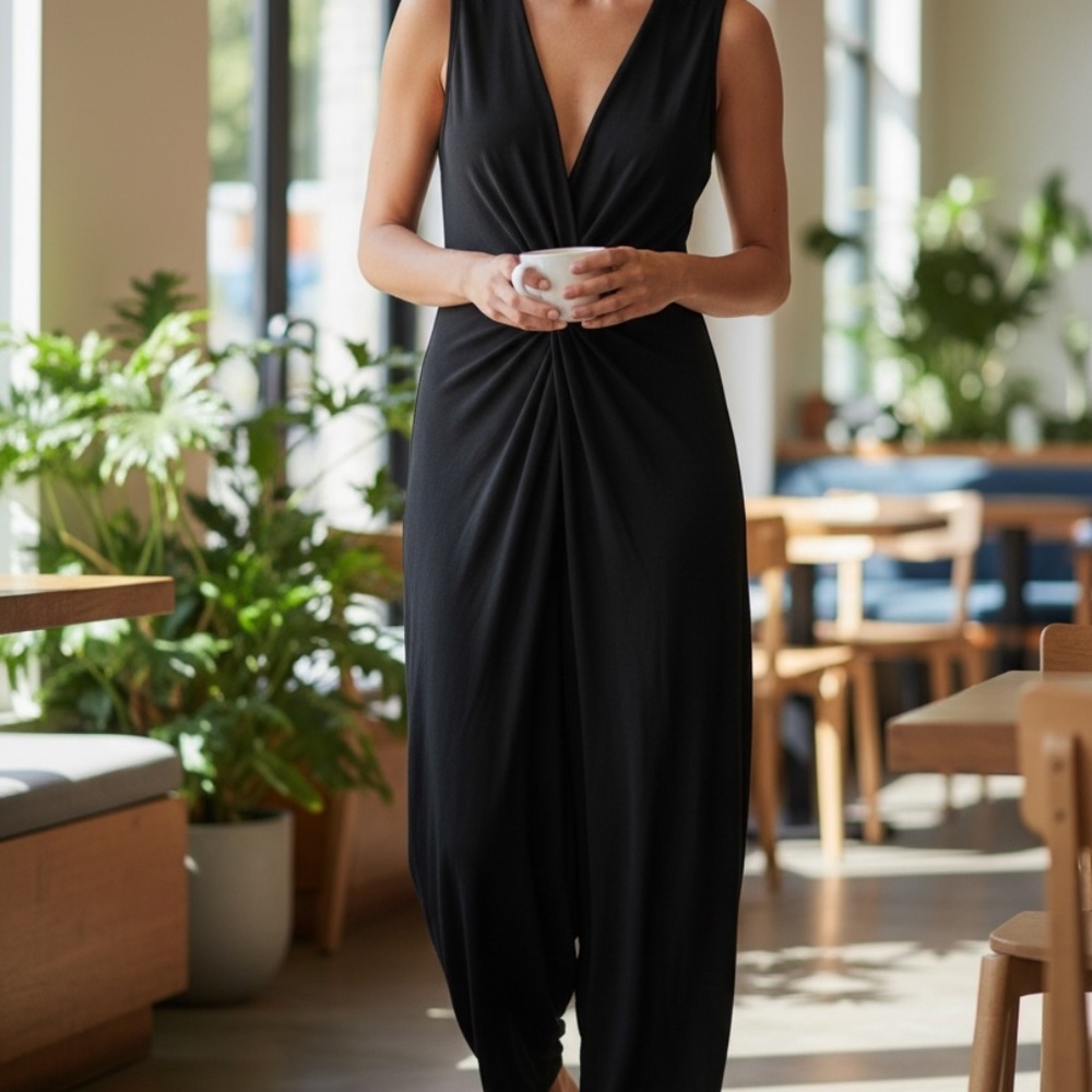 Diane Von Furstenberg Black Rayon Twist Front Jumpsuit Sz 10